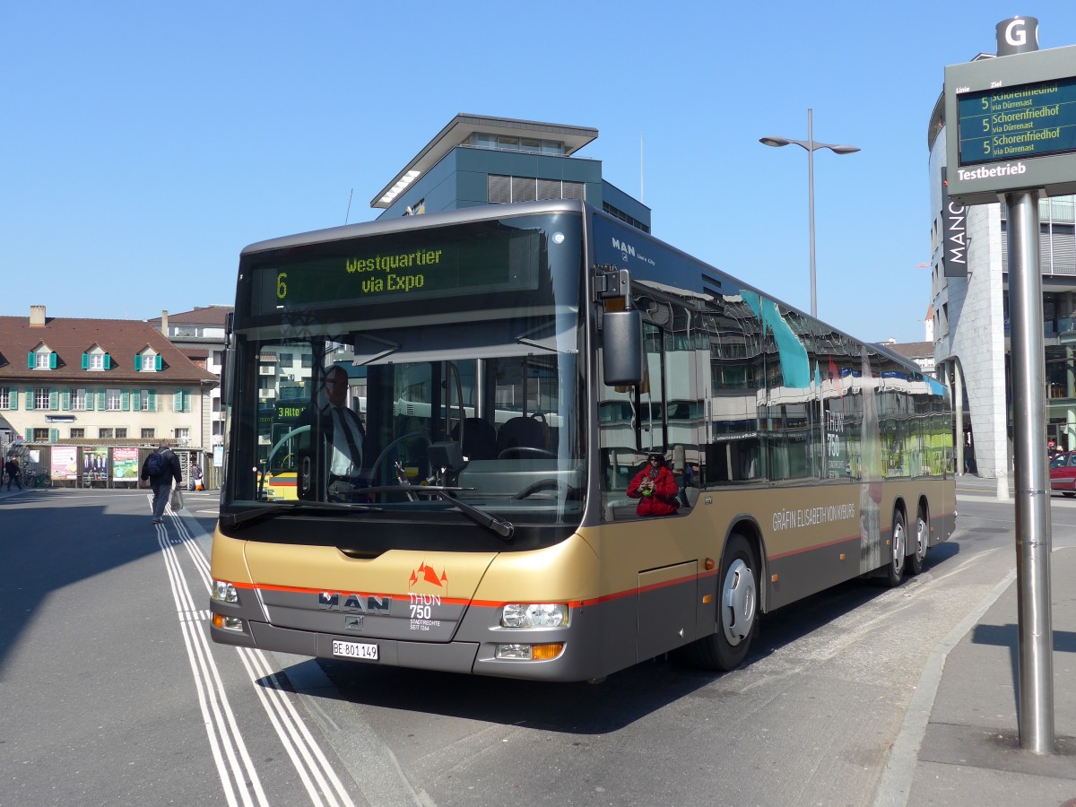 (149'293) - STI Thun - Nr. 149/BE 801'149 - MAN am 12. Mrz 2014 beim Bahnhof Thun