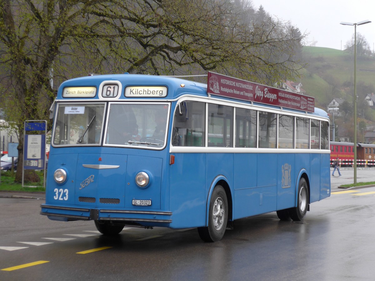 (149'566) - Biegger, Uster - Nr. 3/GL 20'323 - FBW/Tscher (ex DFB Andermatt; ex VBZ Zrich Nr. 323) am 6. April 2014 beim Bahnhof Bauma