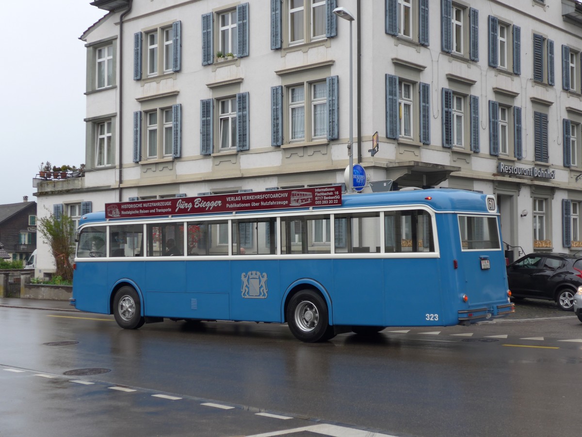 (149'568) - Biegger, Uster - Nr. 3/GL 20'323 - FBW/Tscher (ex DFB Andermatt; ex VBZ Zrich Nr. 323) am 6. April 2014 beim Bahnhof Bauma