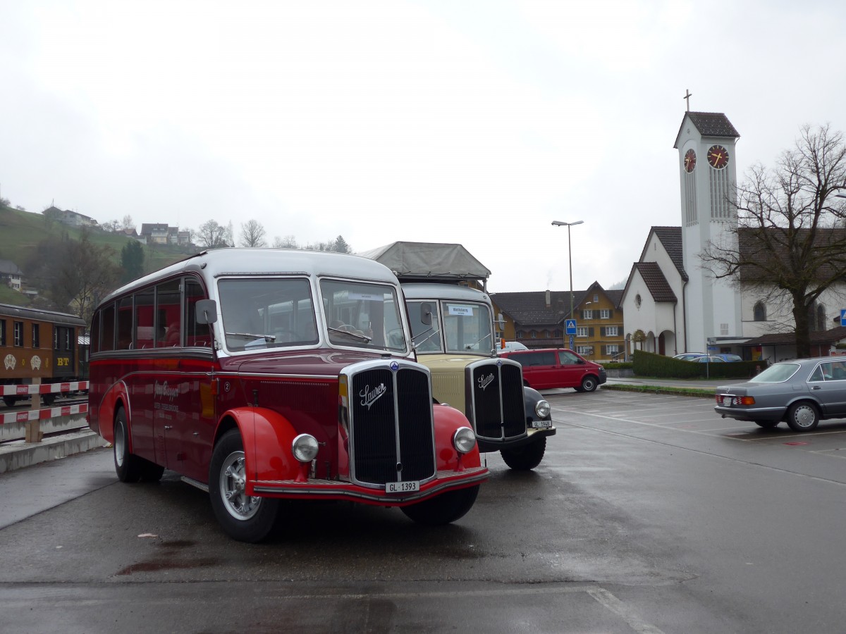 (149'586) - Biegger, Uster - Nr. 2/GL 1393 - Saurer/Lauber (ex Tlverbier, Verbier Nr. 2; ex Werkbus; ex Rey, Ayent) am 6. April 2014 beim Bahnhof Bauma