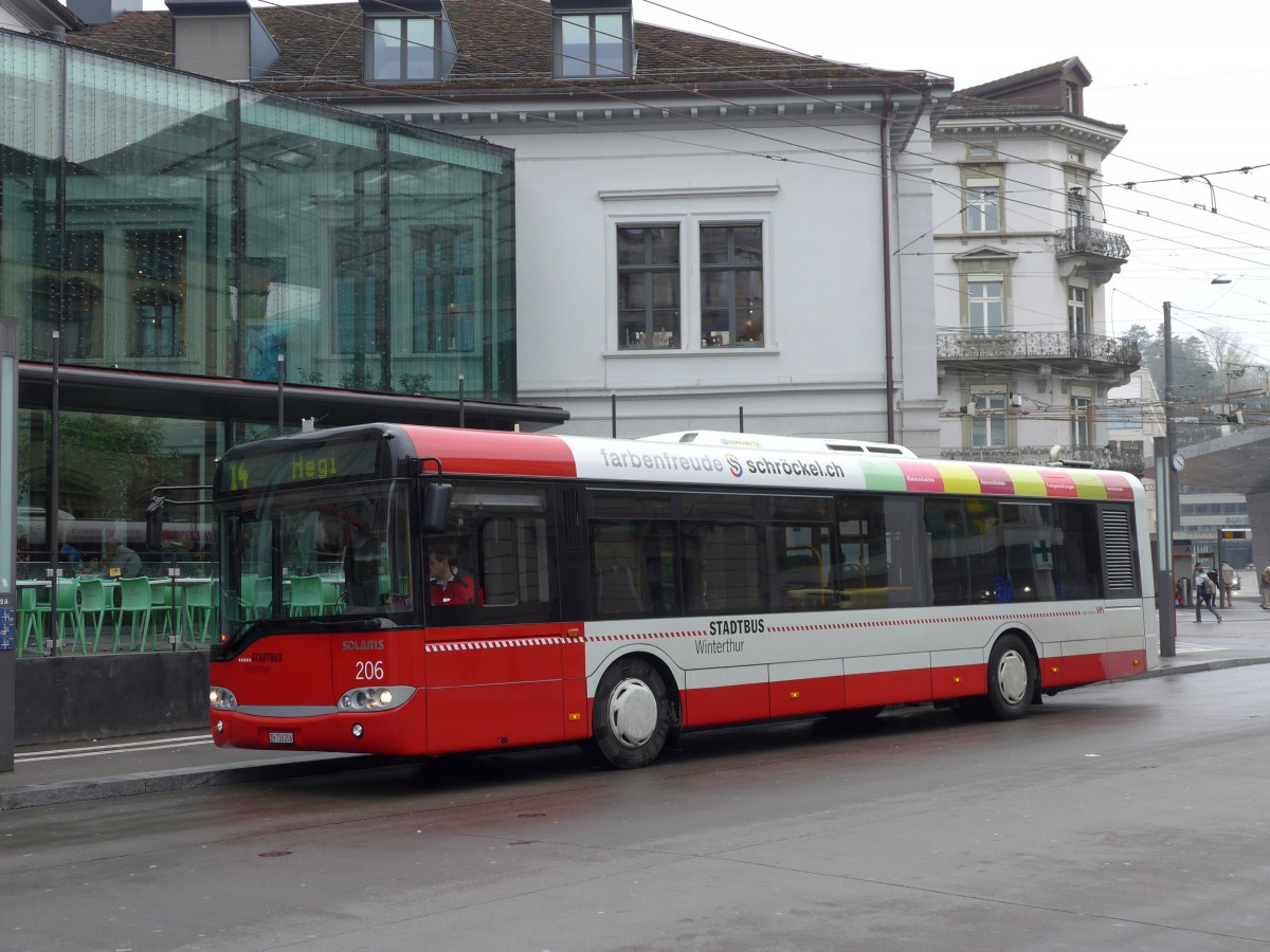 (149'596) - SW Winterthur - Nr. 206/ZH 730'206 - Solaris am 6. April 2014 beim Hauptbahnhof Winterthur