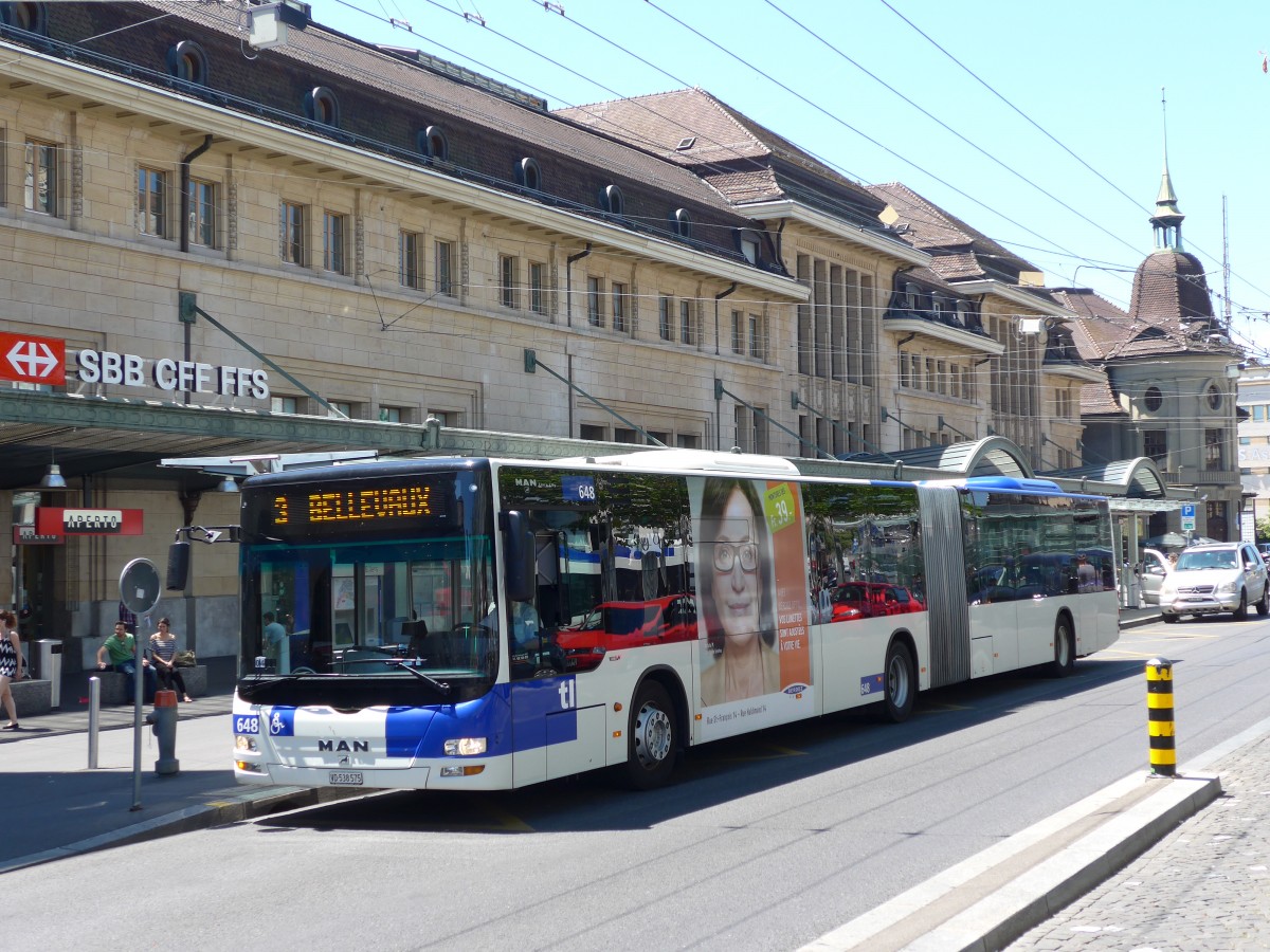 (151'734) - TL Lausanne - Nr. 648/VD 538'575 - MAN am 21. Juni 2014 beim Bahnhof Lausanne