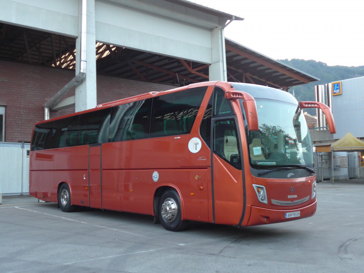 (151'862) - Aus Griechenland: Tonias Travel, Xanthi - AHK-8595 - Scania/Hispano am 27. Juni 2014 in Thun, Grabengut