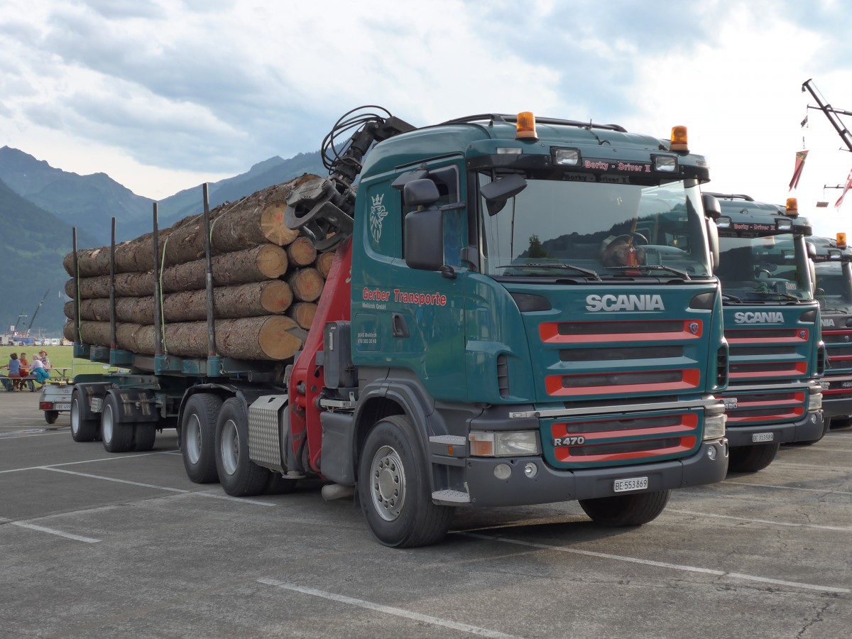 (151'962) - Gerber, Meikirch - BE 553'869 - Scania am 28. Juni 2014 in Interlaken, Flugplatz