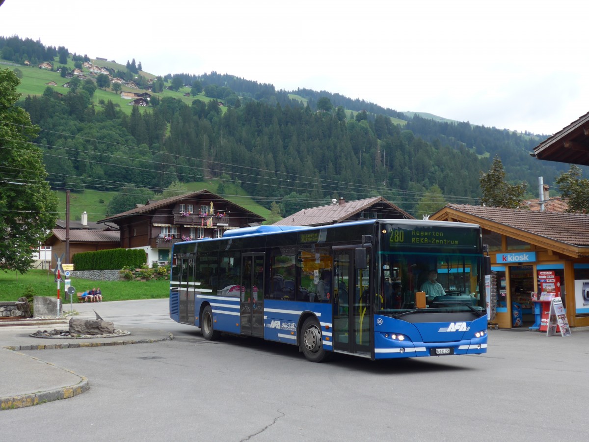 (153'480) - AFA Adelboden - Nr. 54/BE 611'056 - Neoplan (ex VBZ Zrich Nr. 243) am 27. Juli 2014 beim Bahnhof Lenk