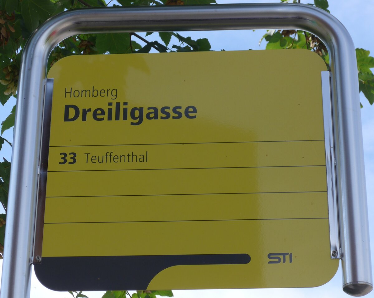 (153'713) - STI-Haltestellenschild - Homberg, Dreiligasse - am 10. August 2014