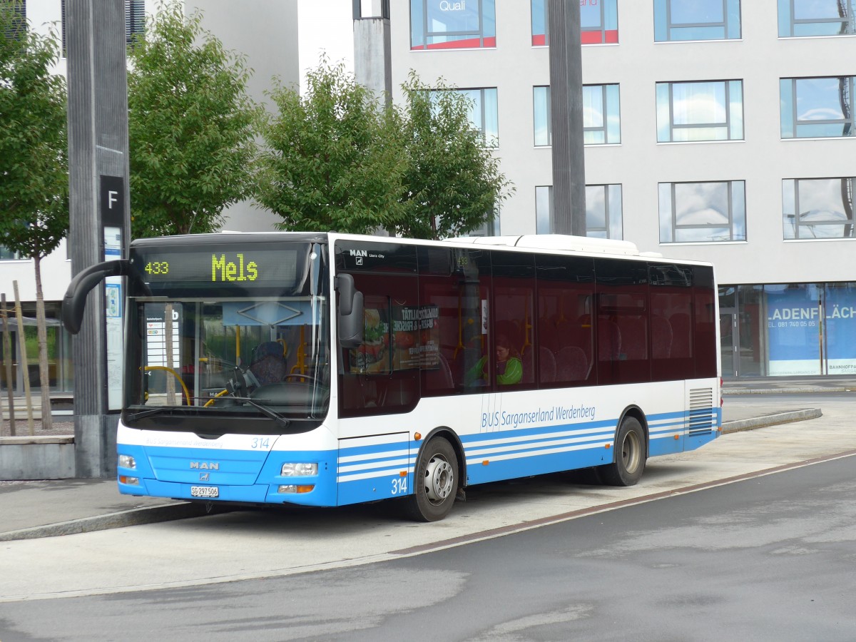 (153'749) - BSW Sargans - Nr. 314/SG 297'506 - MAN/Gppel am 16. August 2014 beim Bahnhof Sargans