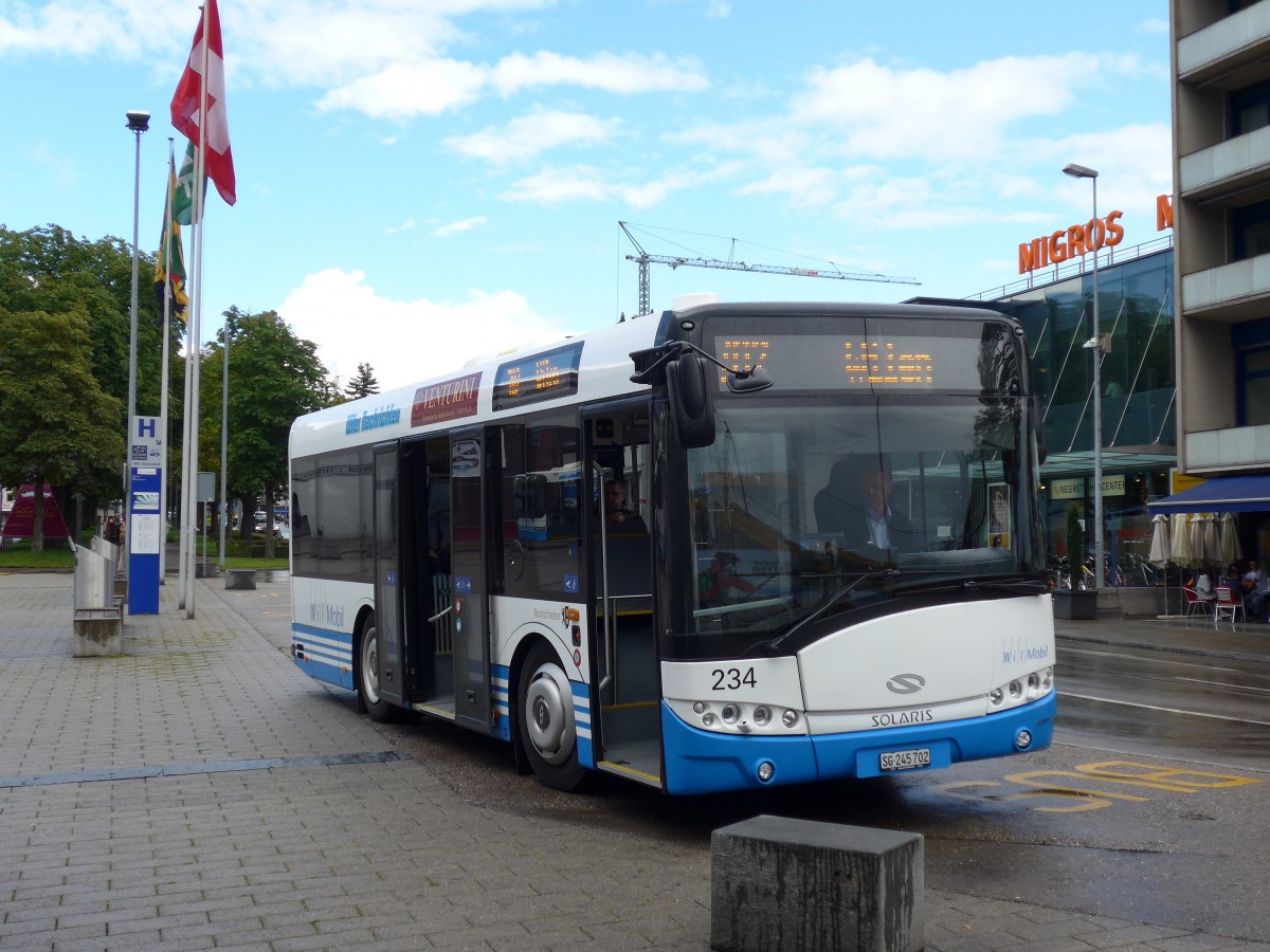 (153'909) - WilMobil, Wil - Nr. 234/SG 245'702 - Solaris am 16. August 2014 beim Bahnhof Wil