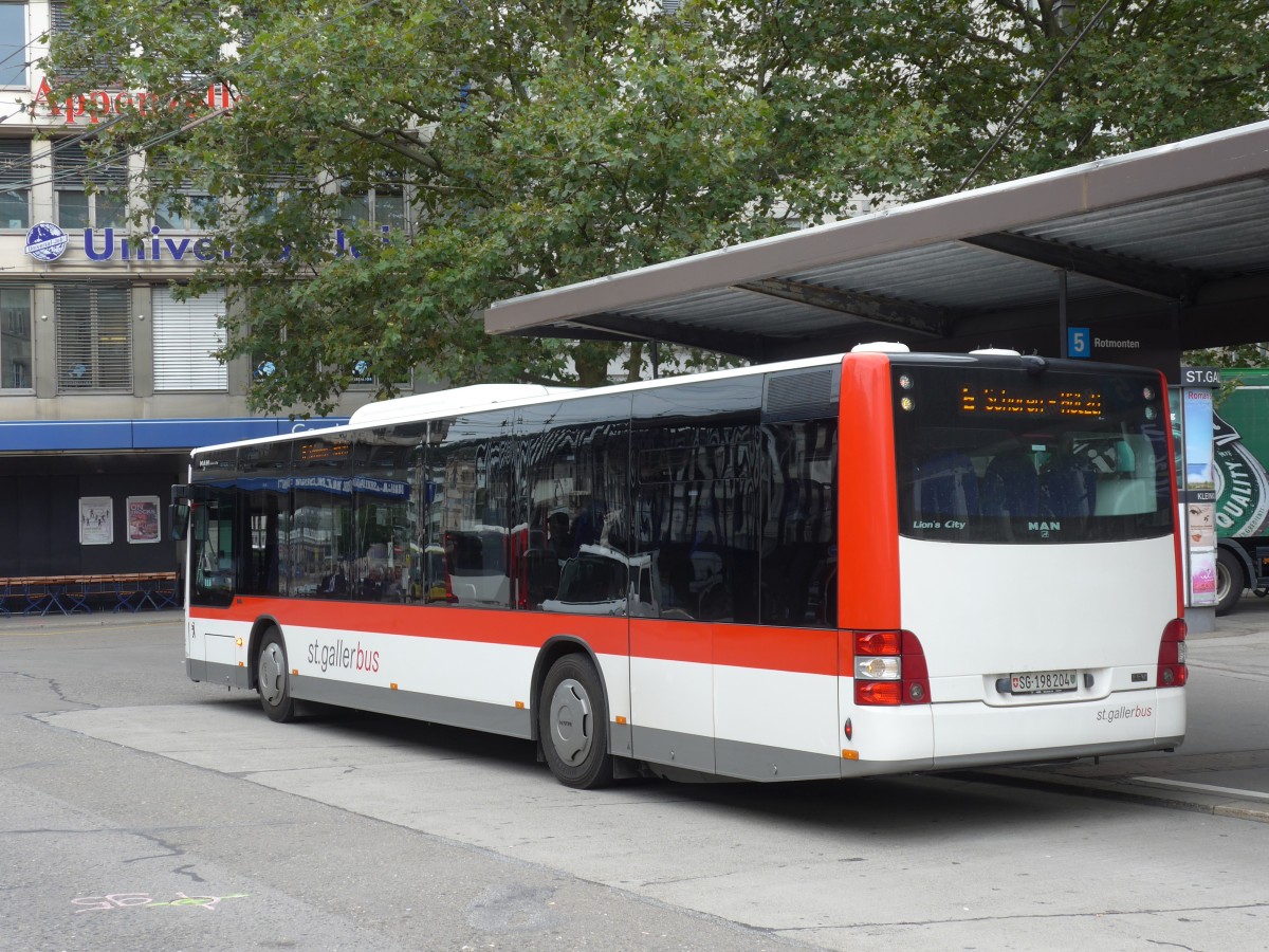 (154'188) - St. Gallerbus, St. Gallen - Nr. 204/SG 198'204 - MAN am 20. August 2014 beim Bahnhof St. Gallen