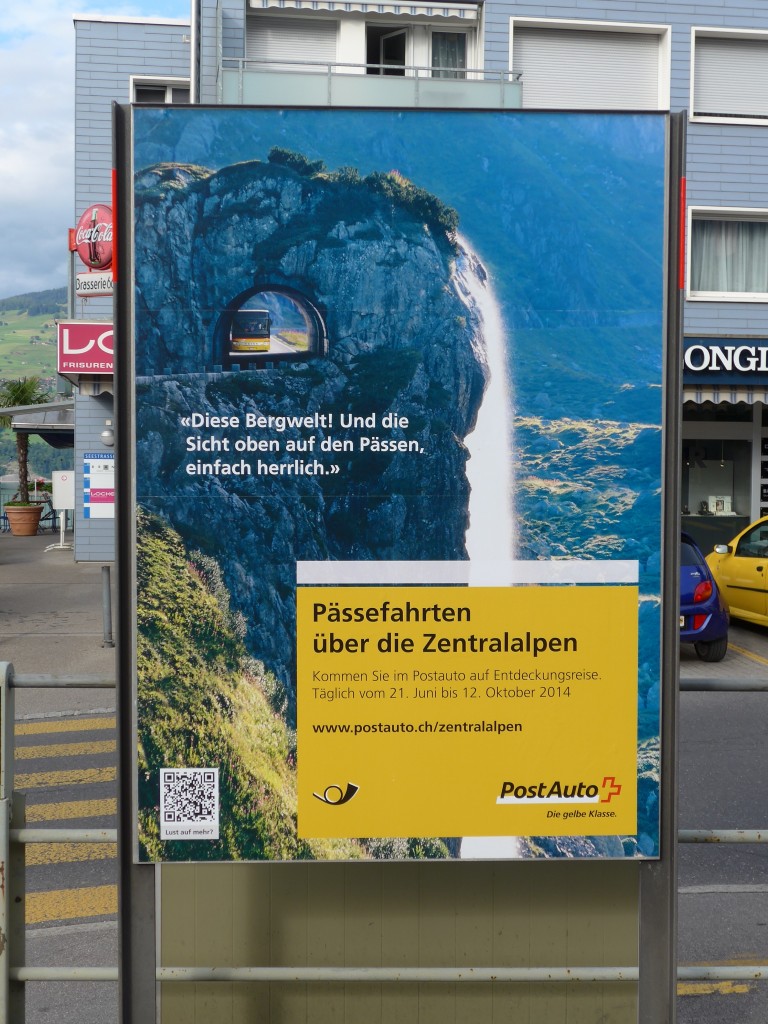 (154'444) - Plakat f�r P�ssefahrten �ber die Zentralalpen am 24. August 2014 beim Bahnhof Spiez