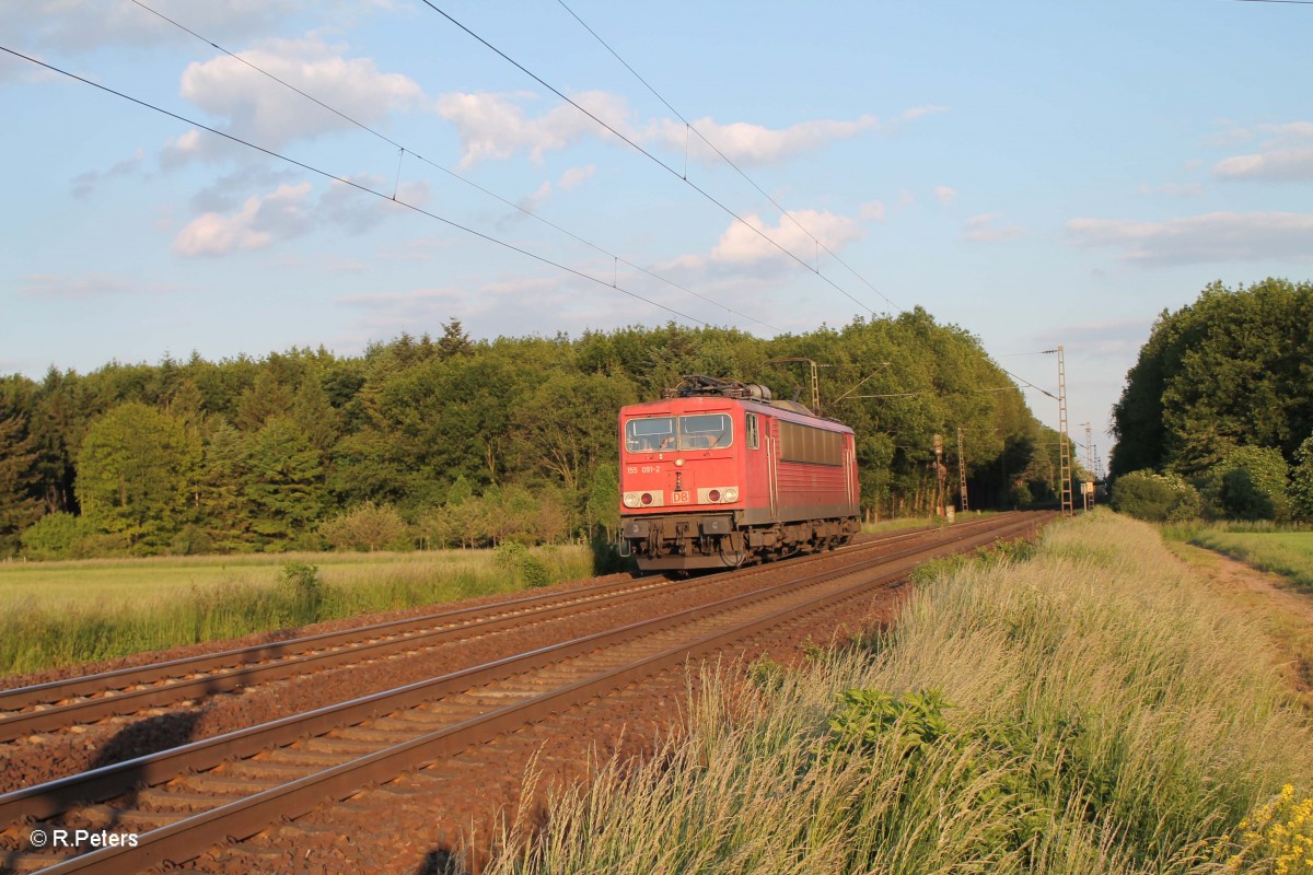 155 091-2 solo auf dem Weg nach Mainz bei der Stromkreistrennstelle Bischofsheim. 20.05.15