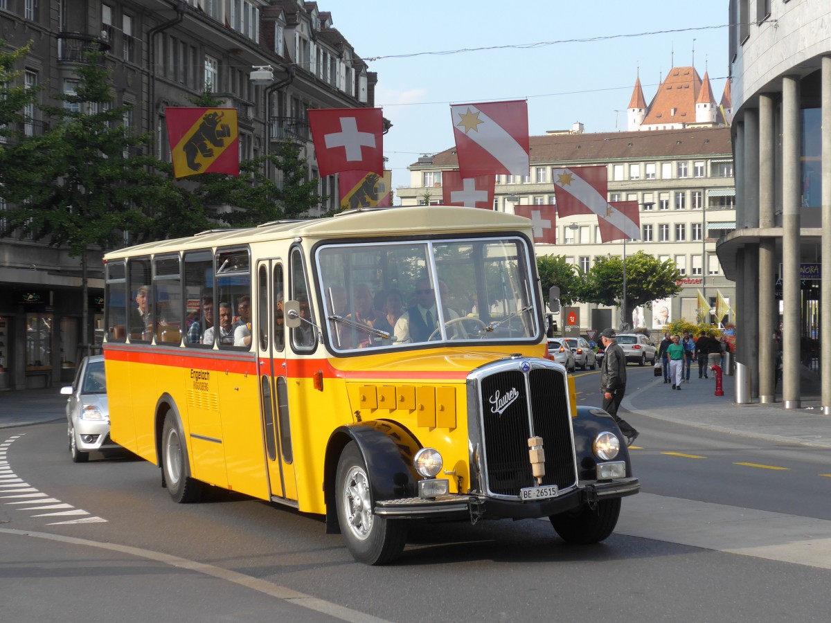 (155'458) - Engeloch, Riggisberg - BE 26'515 - Saurer/R&J (ex Nr. 9; ex Nr. 2) am 4. Oktober 2014 beim Bahnhof Thun