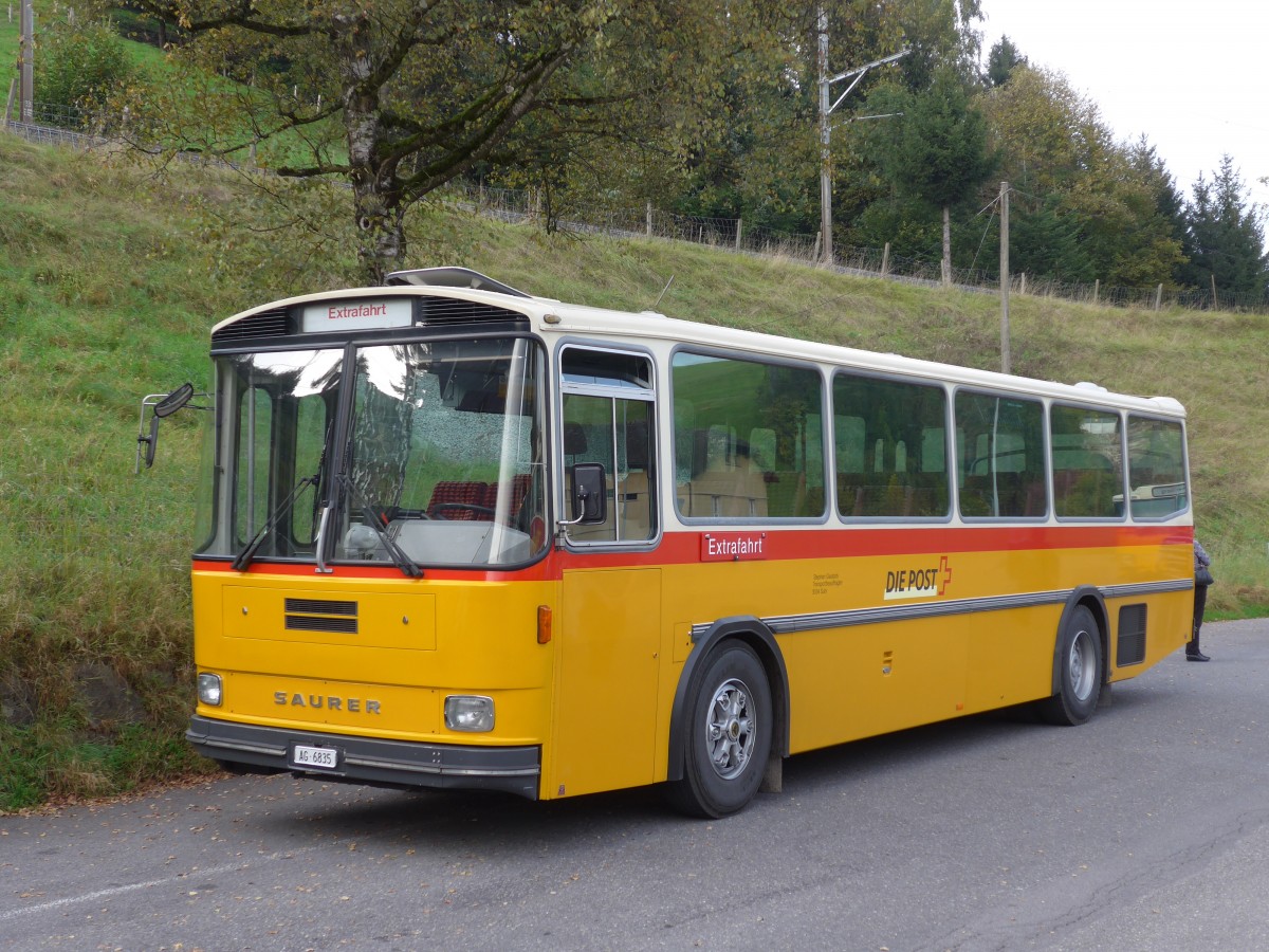 (155'682) - Gautschi, Suhr - AG 6835 - Saurer/Tscher (ex Ltscher, Neuheim Nr. 200; ex Cartek, Regensdorf; ex P 25'822) am 12. Oktober 2014 in Kssnacht, Rest. Frohsinn