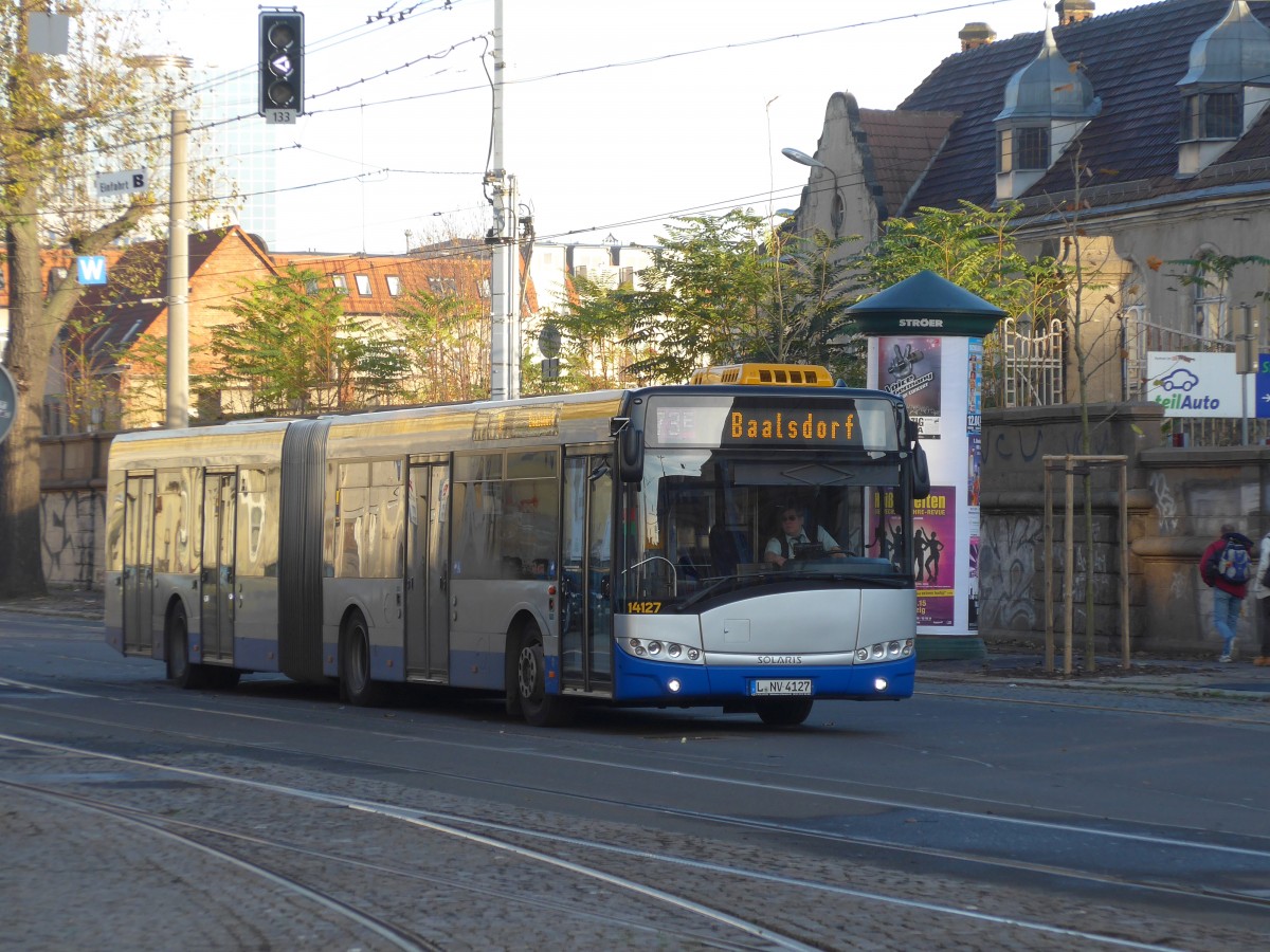 (156'552) - LVB Leipzig - Nr. 14'127/L-NV 4127 - Solaris am 17. November 2014 beim Hauptbahnhof Leipzig