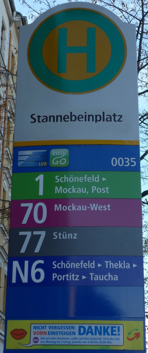 (156'557) - LVB-Haltestellenschild - Leipzig, Stannebeinplatz - am 17. November 2014