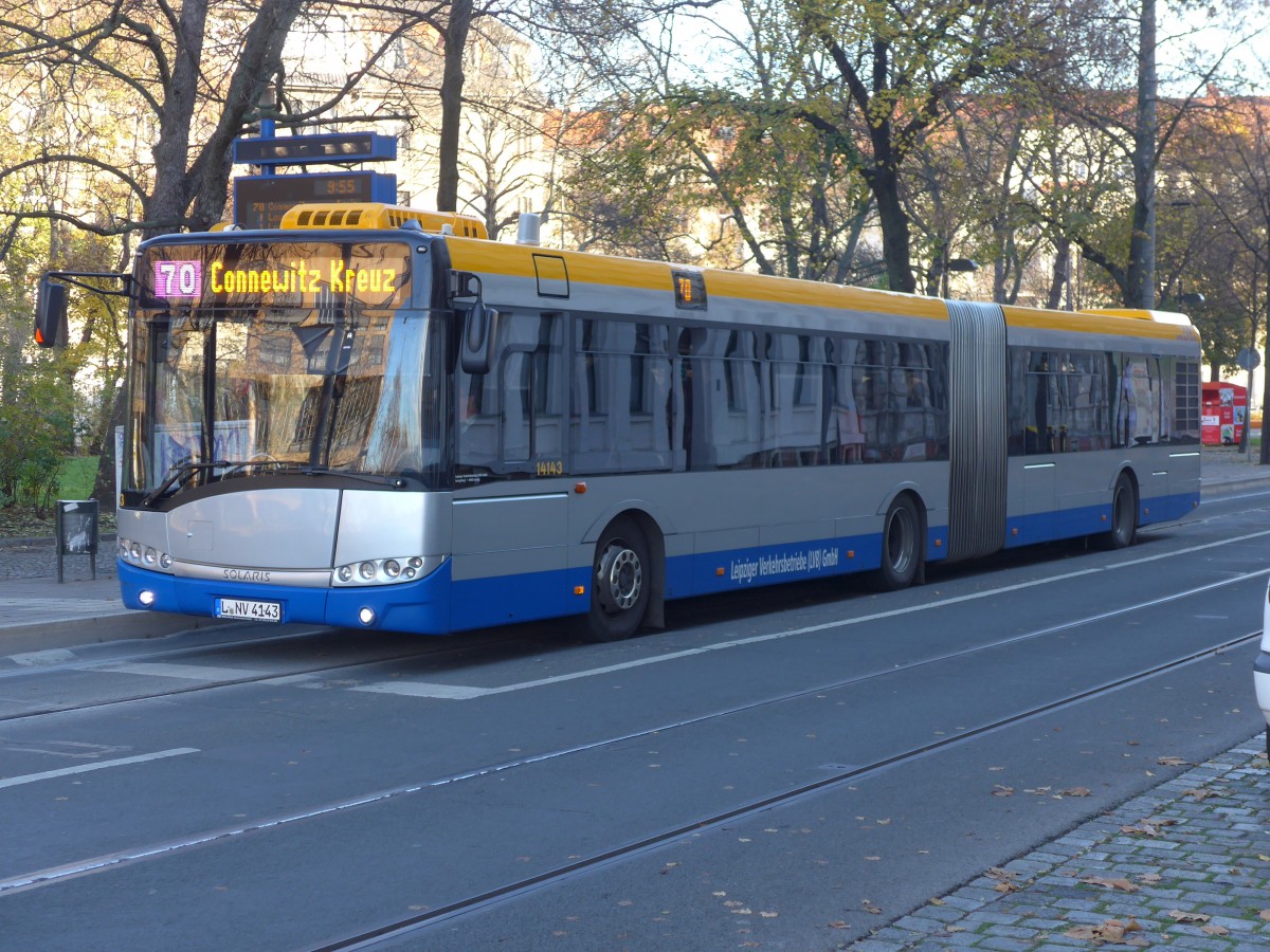 (156'560) - LVB Leipzig - Nr. 14'143/L-NV 4143 - Solaris am 17. November 2014 in Leipzig, Stannebeinplatz