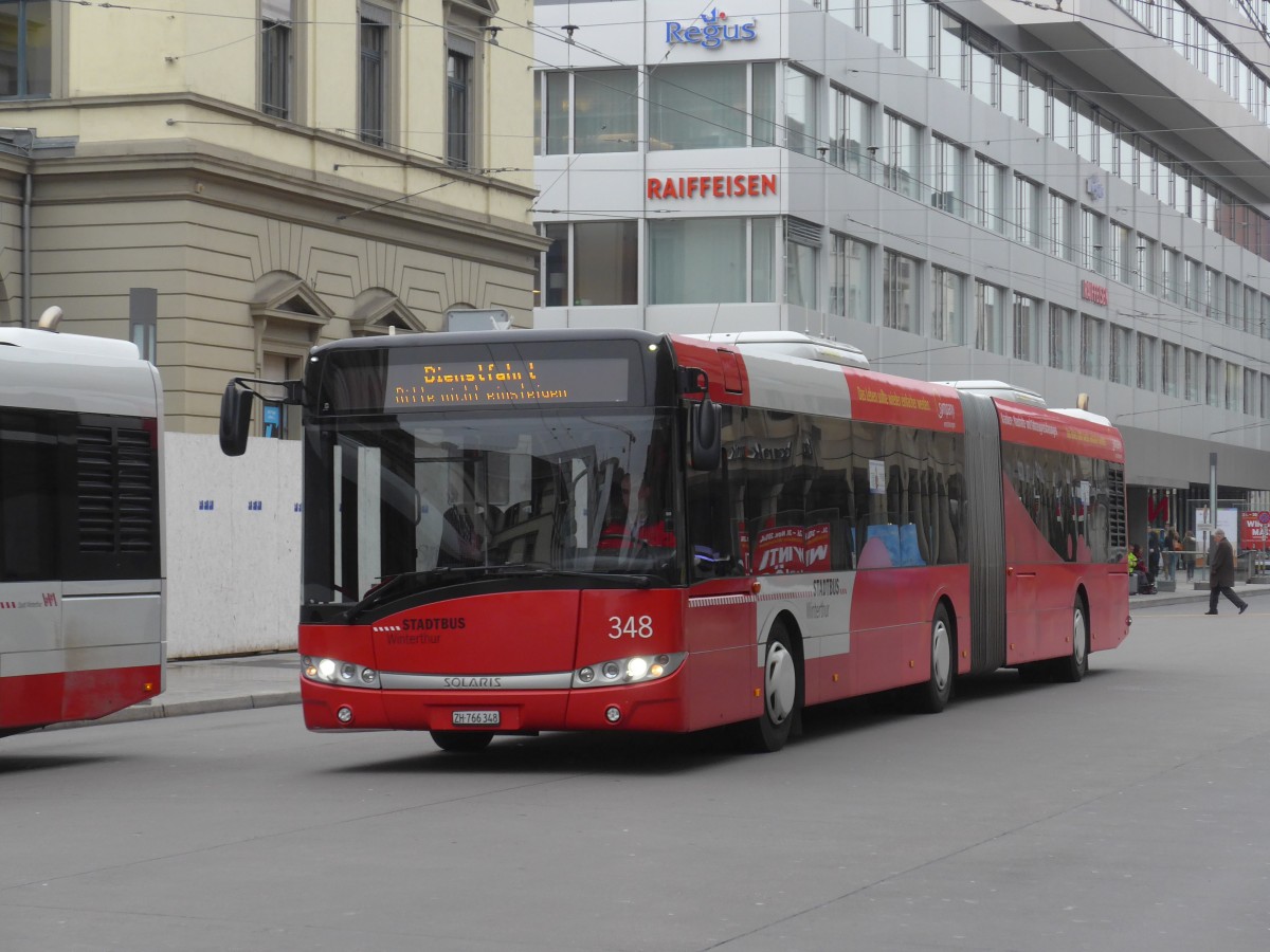 (157'533) - SW Winterthur - Nr. 348/ZH 766'348 - Solaris am 26. November 2014 beim Hauptbahnhof Winterthur