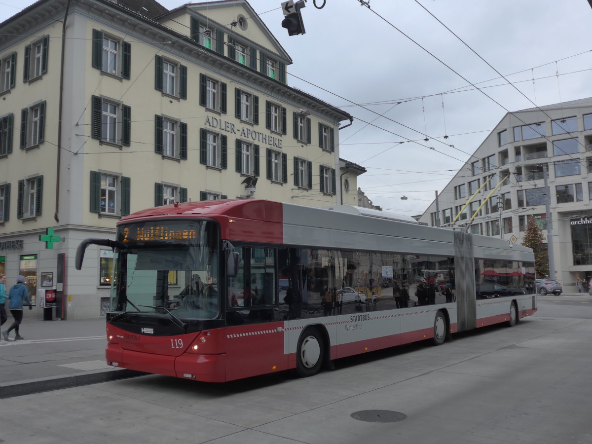 (157'618) - SW Winterthur - Nr. 119 - Hess/Hess Gelenktrolleybus am 6. Dezember 2014 beim Hauptbahnhof Winterthur