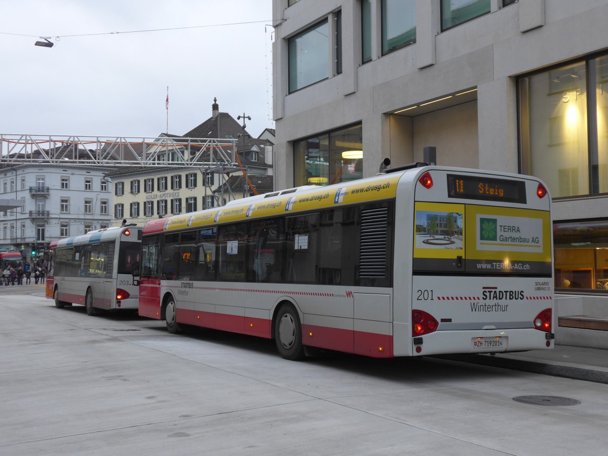 (157'663) - SW Winterthur - Nr. 201/ZH 719'201 - Solaris am 6. Dezember 2014 beim Hauptbahnhof Winterthur