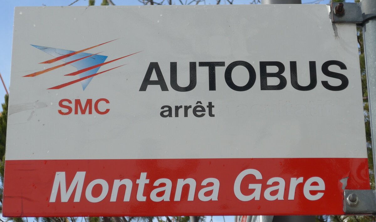 (158'186) - SMC-Haltestellenschild - Montana, Gare - am 4. Januar 2015