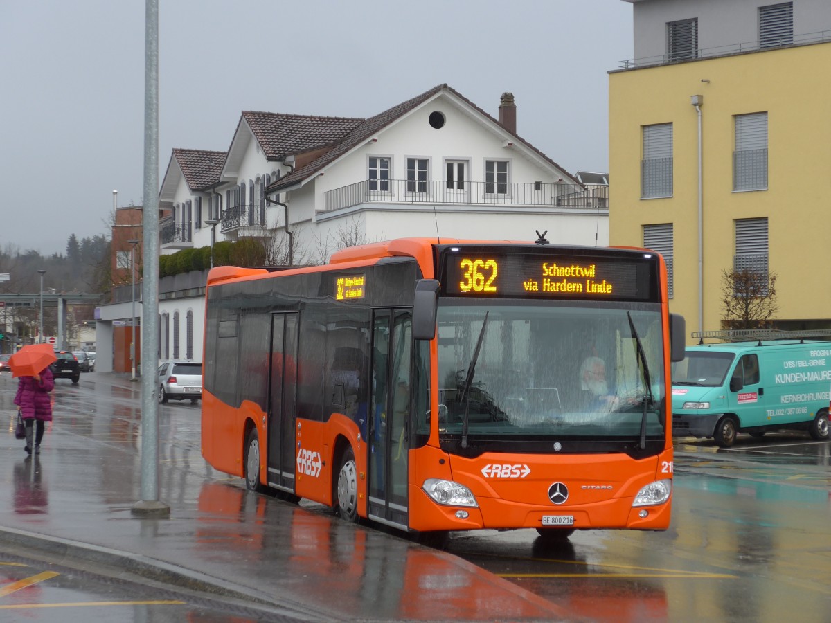 (158'947) - RBS Worblaufen - Nr. 216/BE 800'216 - Mercedes am 2. Mrz 2015 beim Bahnhof Lyss