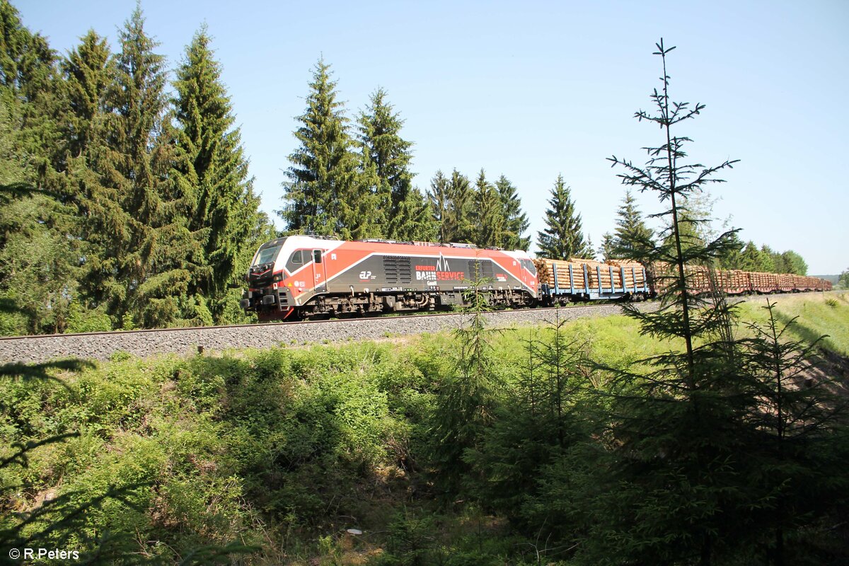 159 227 mit einem Holzzug von Gera nach Cheb bei Neudes. 19.06.22
