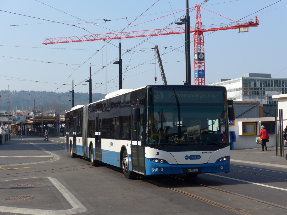 (159'411) - VBZ Zrich - Nr. 518/ZH 726'518 - Neoplan am 19. Mrz 2015 beim Bahnhof Zrich-Oerlikon