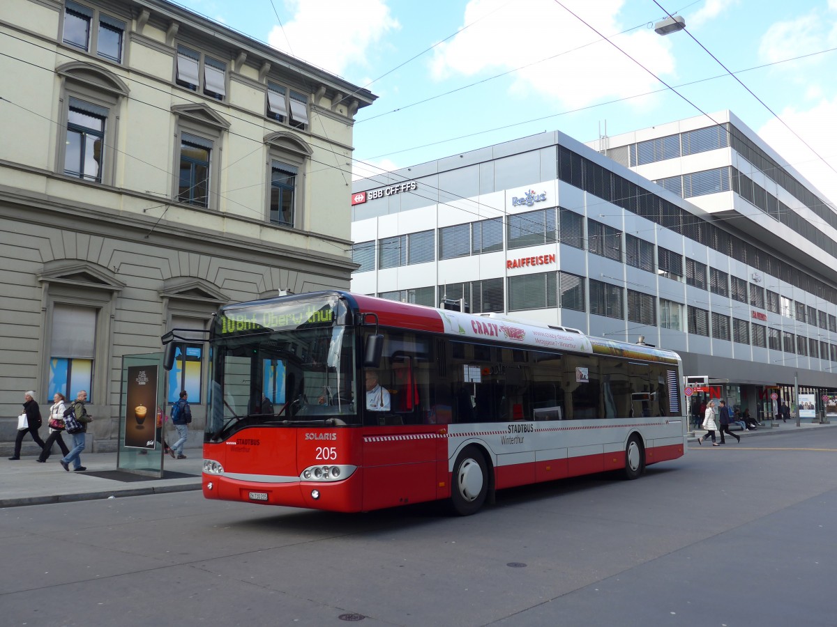 (159'461) - SW Winterthur - Nr. 205/ZH 730'205 - Solaris am 27. Mrz 2015 beim Hauptbahnhof Winterthur