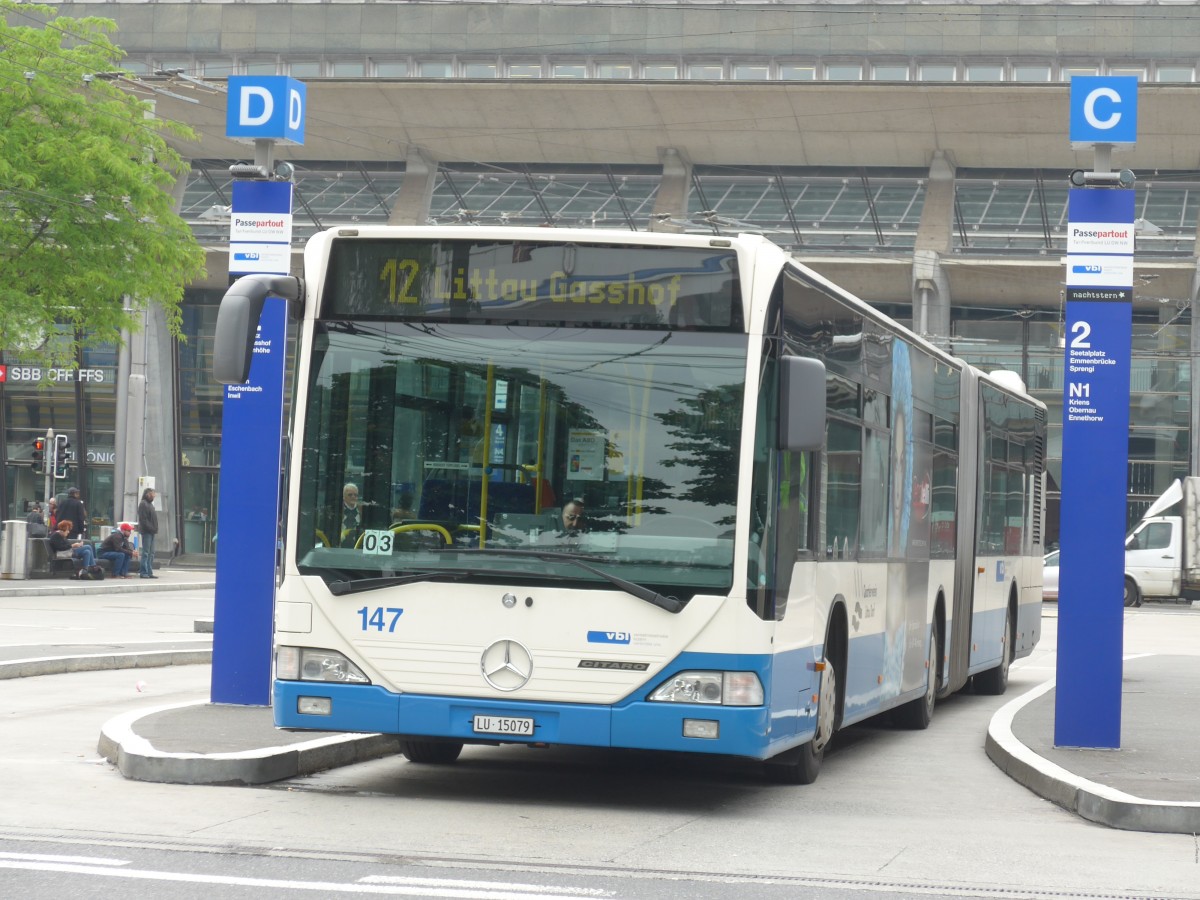 (160'585) - VBL Luzern - Nr. 147/LU 15'079 - Mercedes (ex Heggli, Kriens Nr. 709) am 22. Mai 2015 beim Bahnhof Luzern