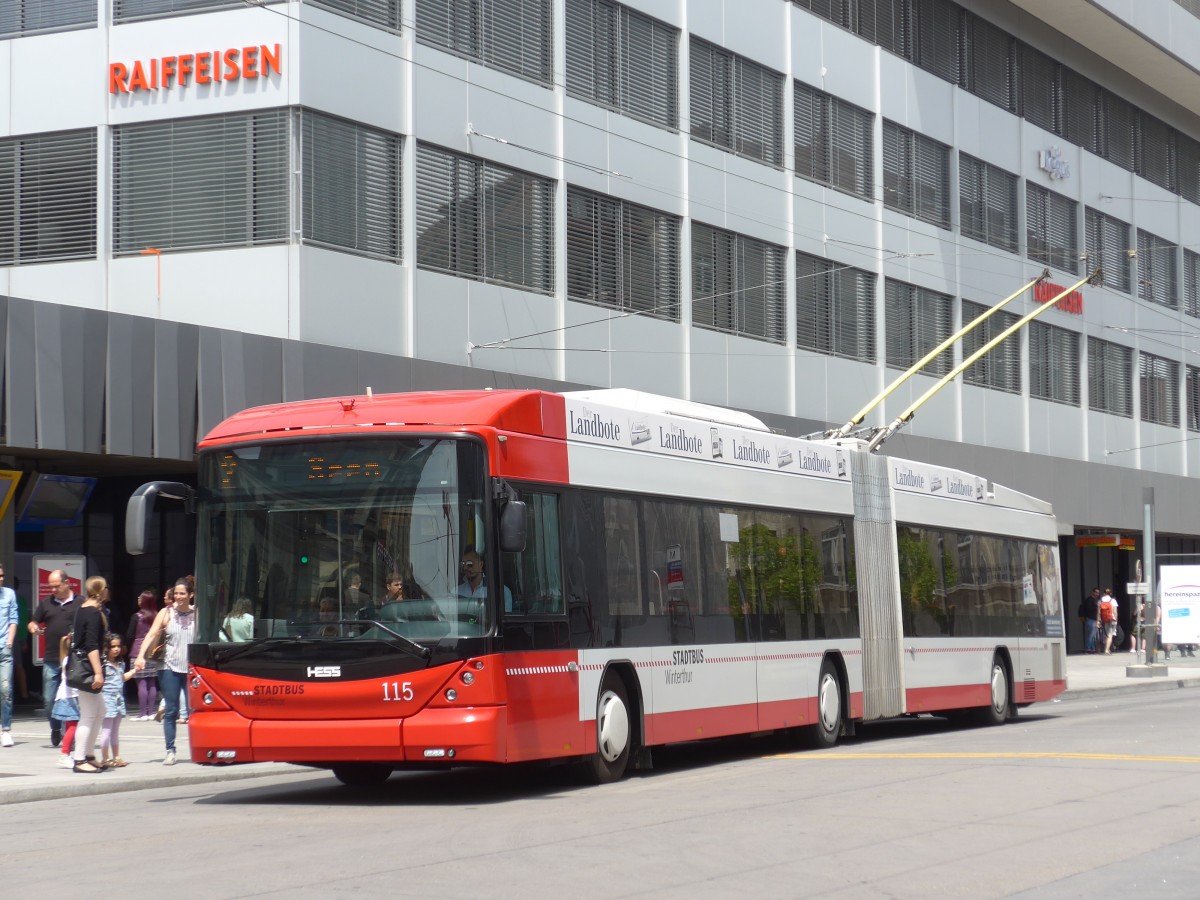 (161'611) - SW Winterthur - Nr. 115 - Hess/Hess Gelenktrolleybus am 31. Mai 2015 beim Hauptbahnhof Winterthur