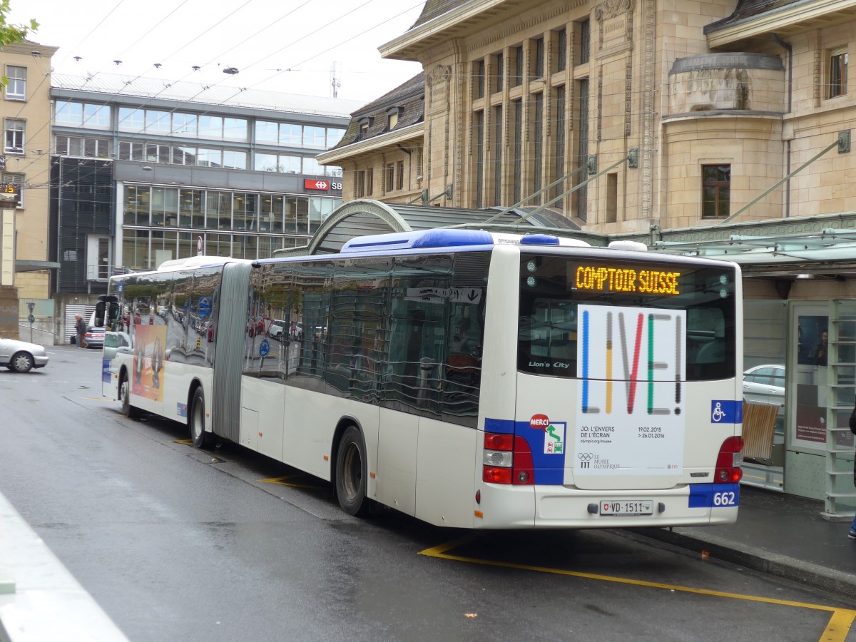 (165'070) - TL Lausanne - Nr. 662/VD 1511 - MAN am 18. September 2015 beim Bahnhof Lausanne
