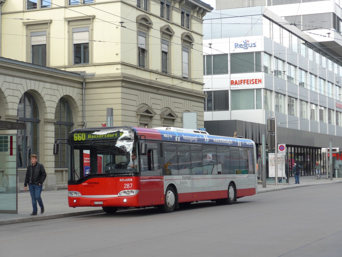 (165'915) - SW Winterthur - Nr. 287/ZH 730'287 - Solaris am 26. September 2015 beim Hauptbahnhof Winterthur