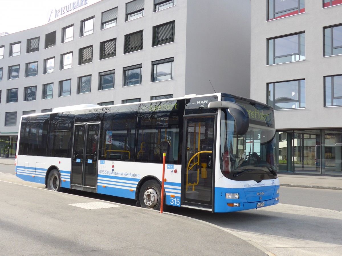 (168'996) - BSW Sargans - Nr. 315/SG 297'505 - MAN/Gppel am 27. Februar 2016 beim Bahnhof Sargans