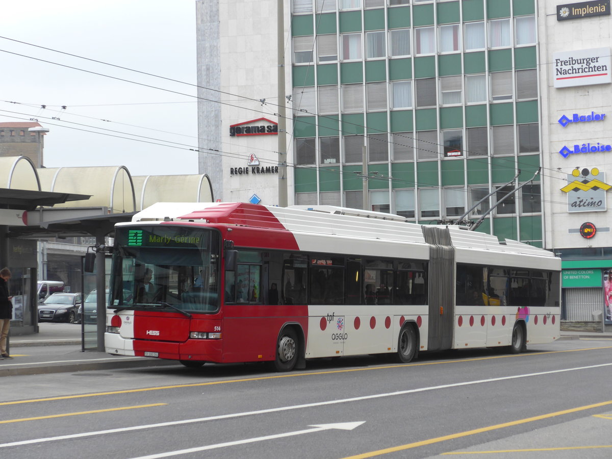 (169'230) - TPF Fribourg - Nr. 514/FR 300'394 - MAN/Hess Gelenkduobus am 13. Mrz 2016 beim Bahnhof Fribourg