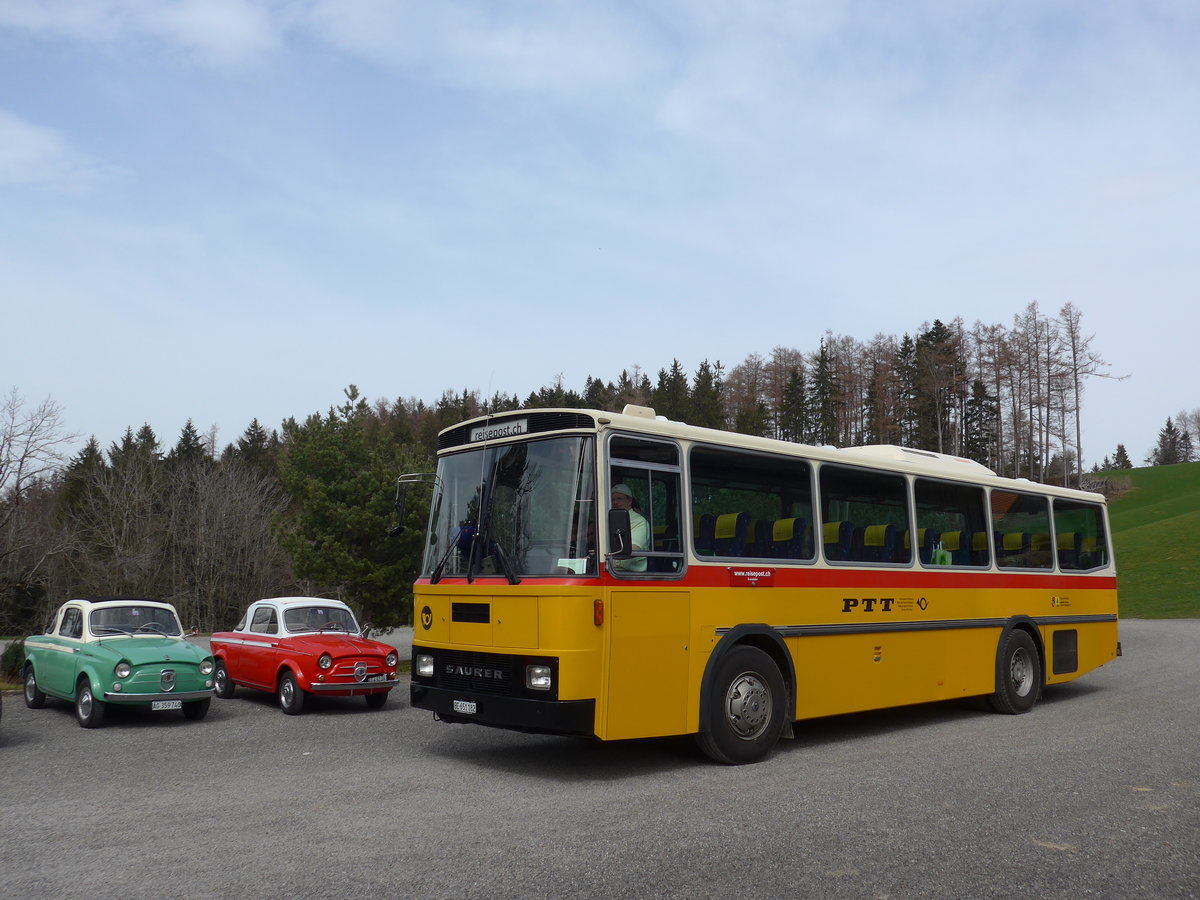 (169'671) - Bernair, Mnsingen - BE 651'182 - Saurer/Tscher (ex Schebath, Lauerz; ex Albin, Fllanden; ex Heim, Flums) am 2. April 2016 in Teufen, Restaurant Waldegg