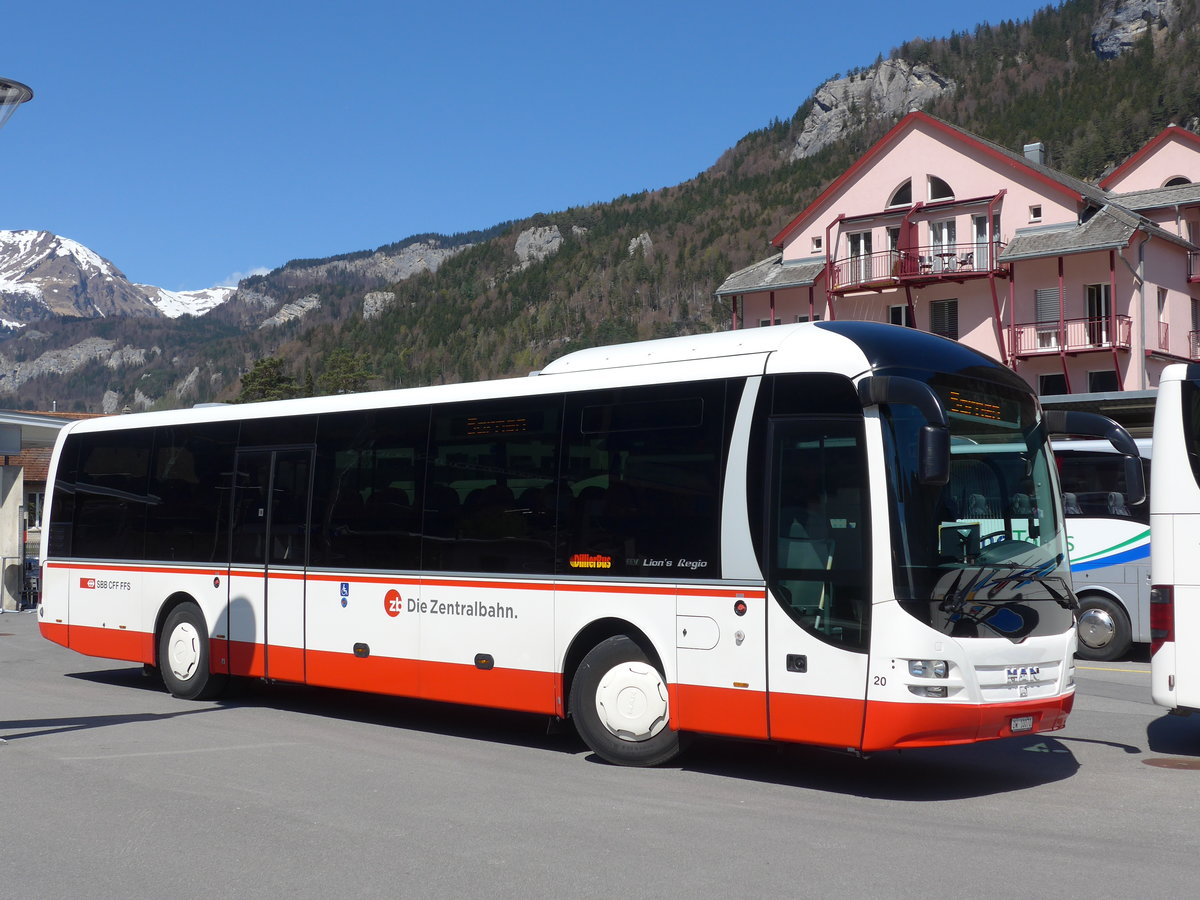 (169'831) - Dillier, Sarnen - Nr. 20/OW 10'070 - MAN am 11. April 2016 beim Bahnhof Meiringen