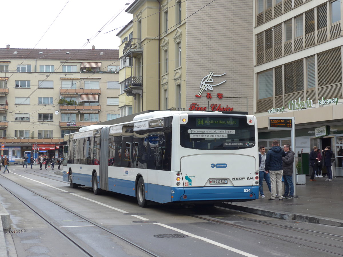 (170'000) - VBZ Zrich - Nr. 534/ZH 730'534 - Neoplan am 14. April 2016 beim Bahnhof Zrich-Oerlikon