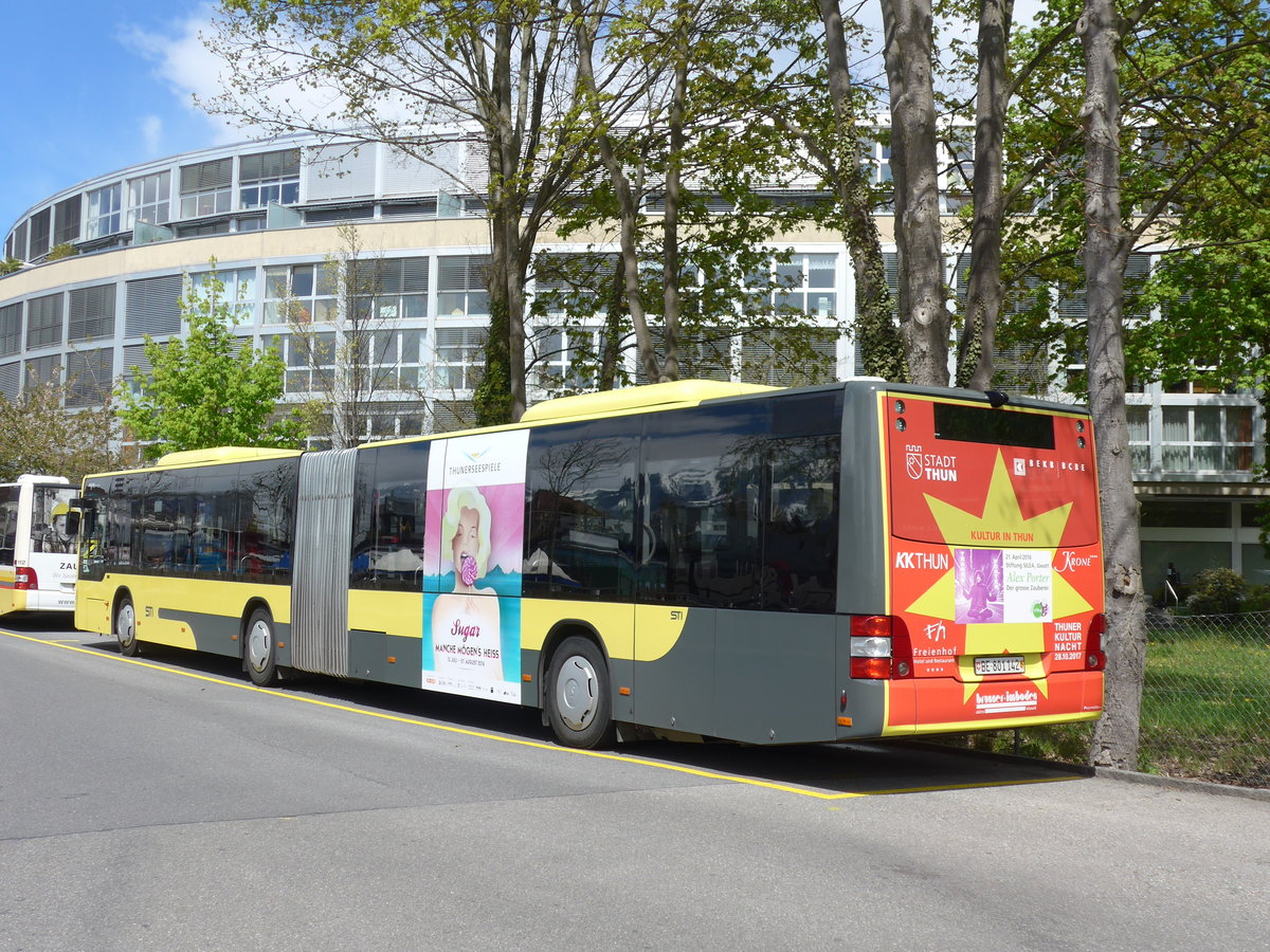 (170'235) - STI Thun - Nr. 142/BE 801'142 - MAN am 27. April 2016 bei der Schifflndte Thun