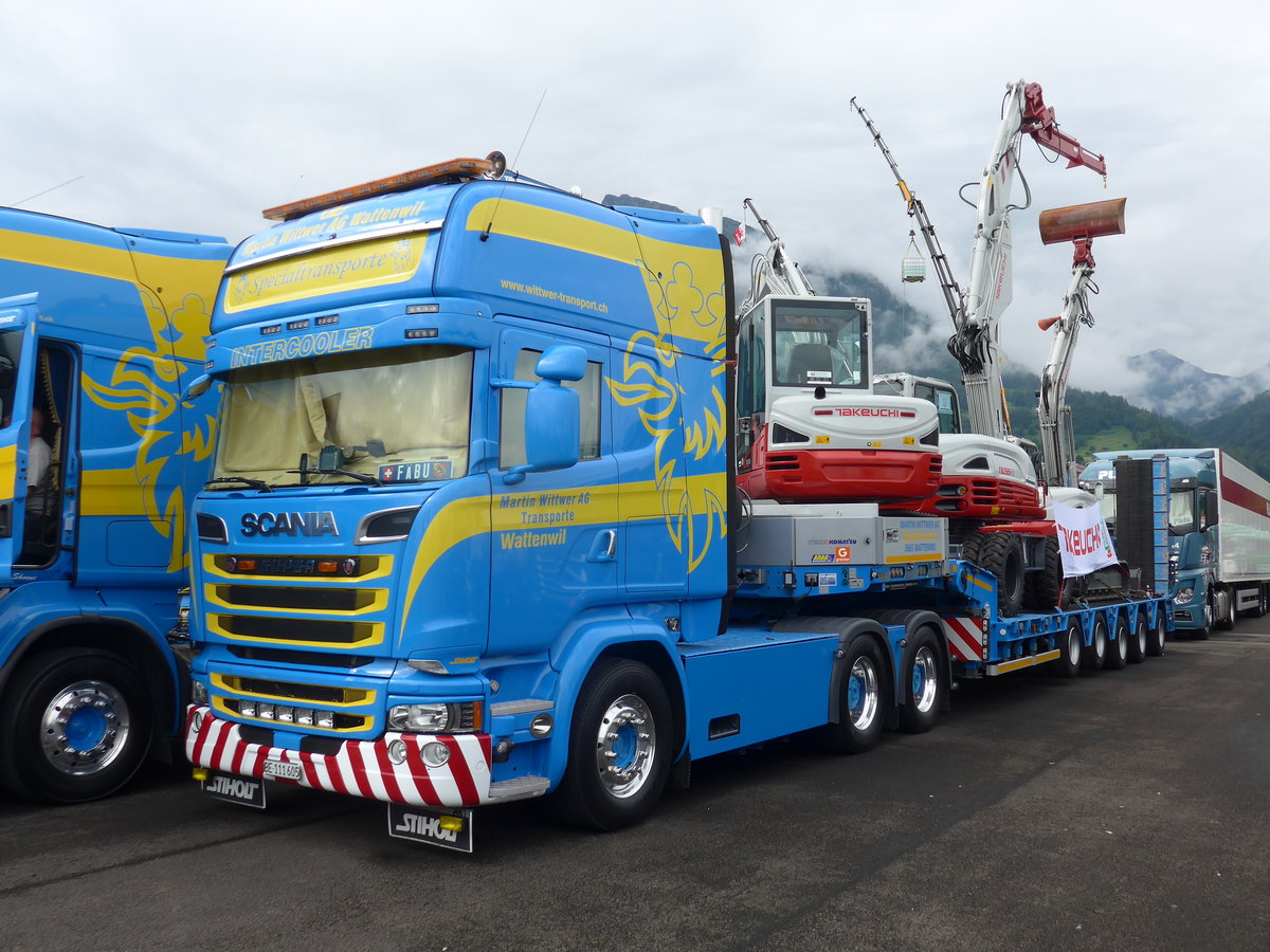 (172'331) - Wittwer, Wattenwil - BE 111'605 - Scania am 26. Juni 2016 in Interlaken, Flugplatz