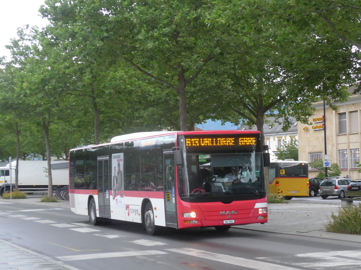 (172'878) - TRAVYS Yverdon - VD 599 - MAN am 13. Juli 2016 beim Bahnhof Yverdon