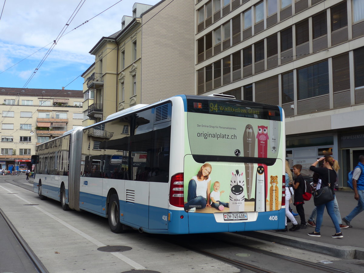 (174'642) - VBZ Zrich - Nr. 408/ZH 745'408 - Mercedes am 5. September 2016 beim Bahnhof Zrich-Oerlikon