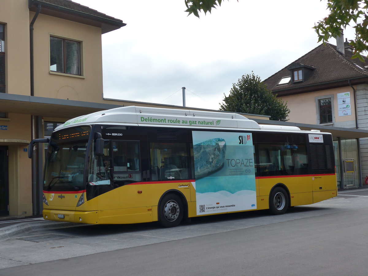 (175'523) - CarPostal Ouest - Nr. 11/JU 49'735 - Van Hool am 7. Oktober 2016 beim Bahnhof Delmont