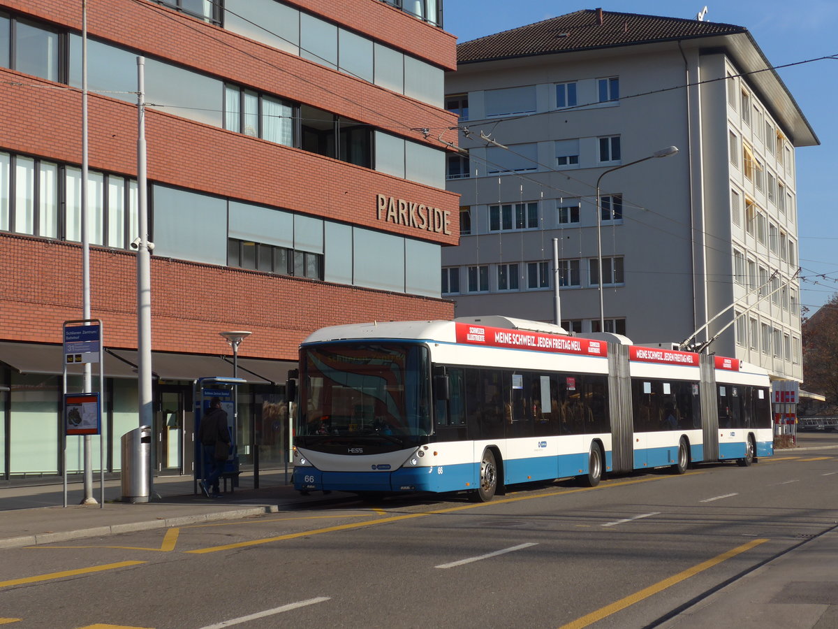 (176'929) - VBZ Zrich - Nr. 66 - Hess/Hess Doppelgelenktrolleybus am 6. Dezember 2016 in Schlieren, Zentrum/Bahnhof