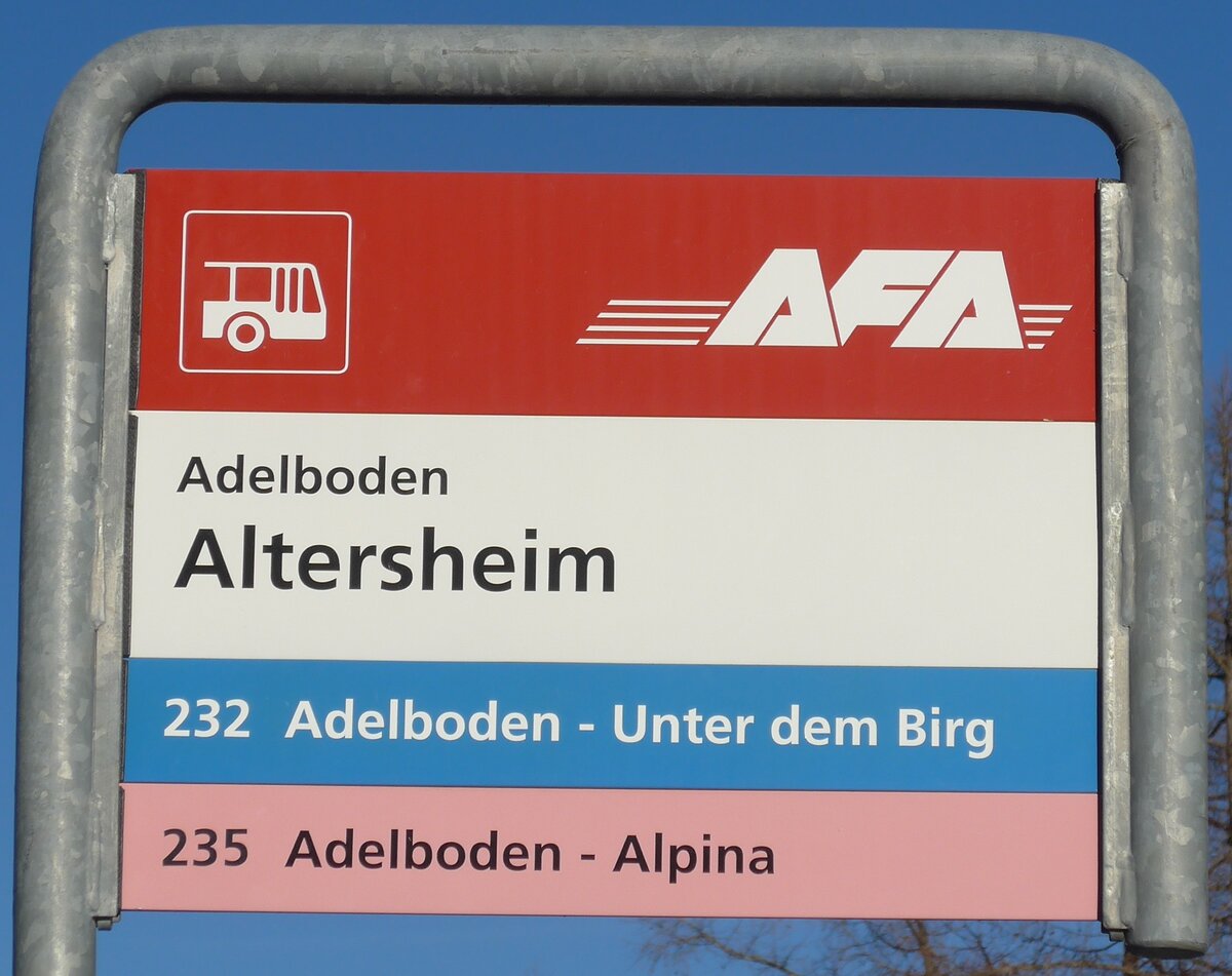 (178'233) - AFA-Haltestellenschild - Adelboden, Altersheim - am 29. Januar 2017