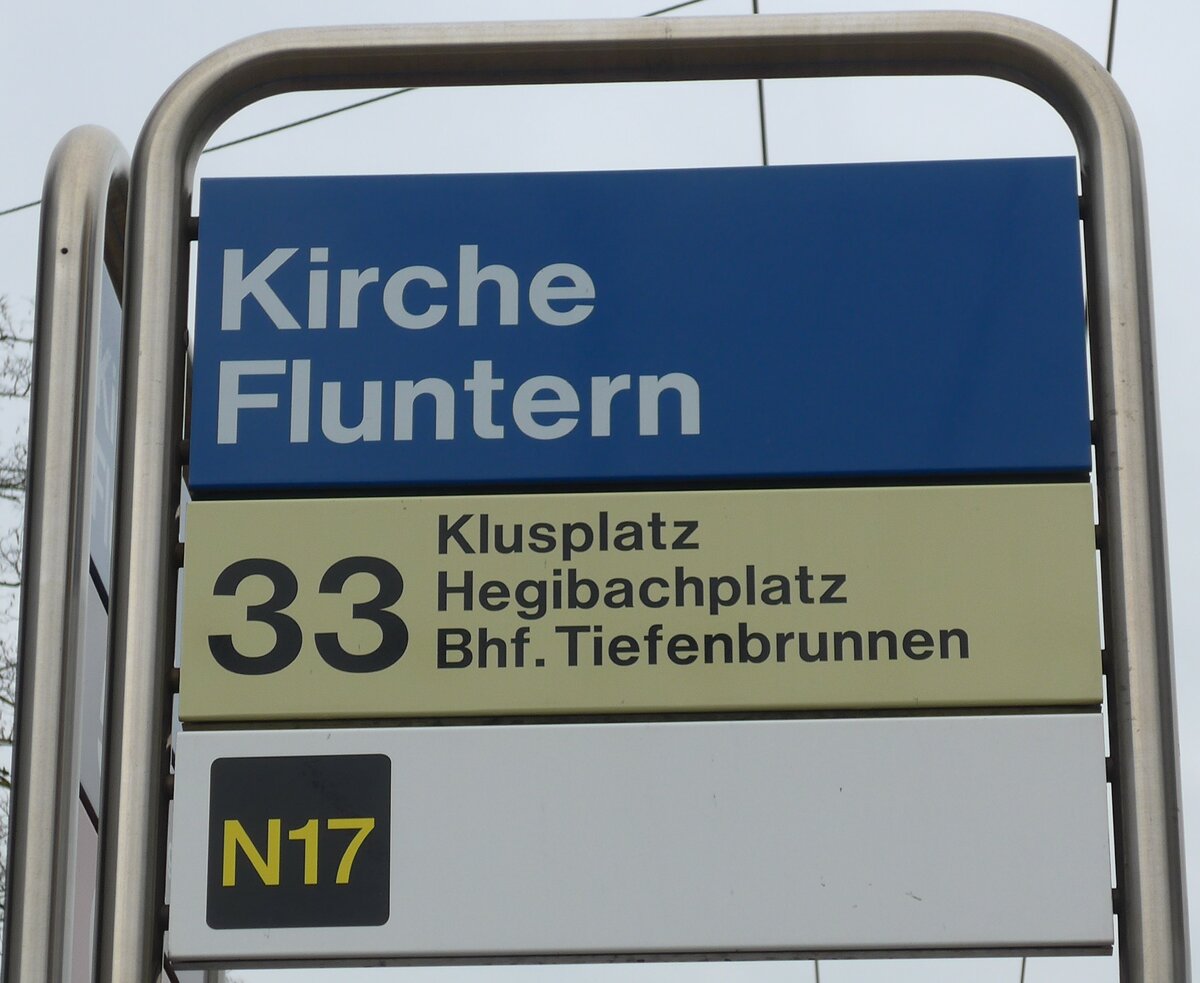 (178'491) - ZVV-Haltestellenschild - Zrich, Kirche Fluntern - am 10. Februar 2017