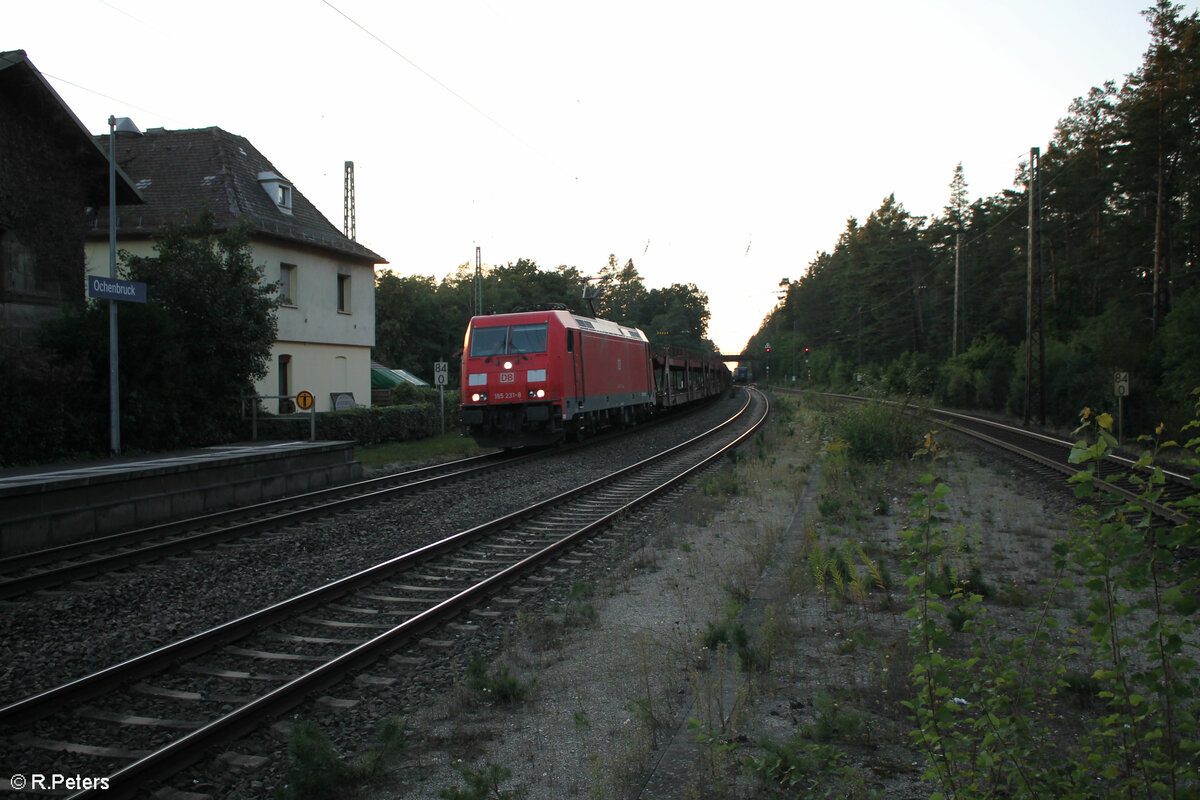 185 231-8 mit einem leeren Autotransportzug in Ochenbruck. 15.09.23