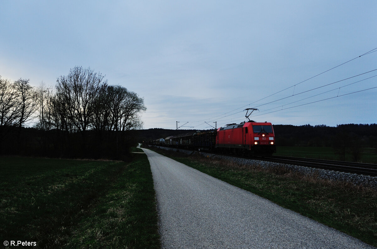 185 238 mit einem gemischten Güterzug bei Pölling. 17.03.24