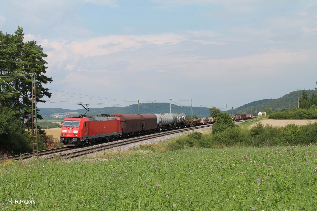 185 373-8 mit einem gemischten Güterzug bei Darshofen. 25.07.14