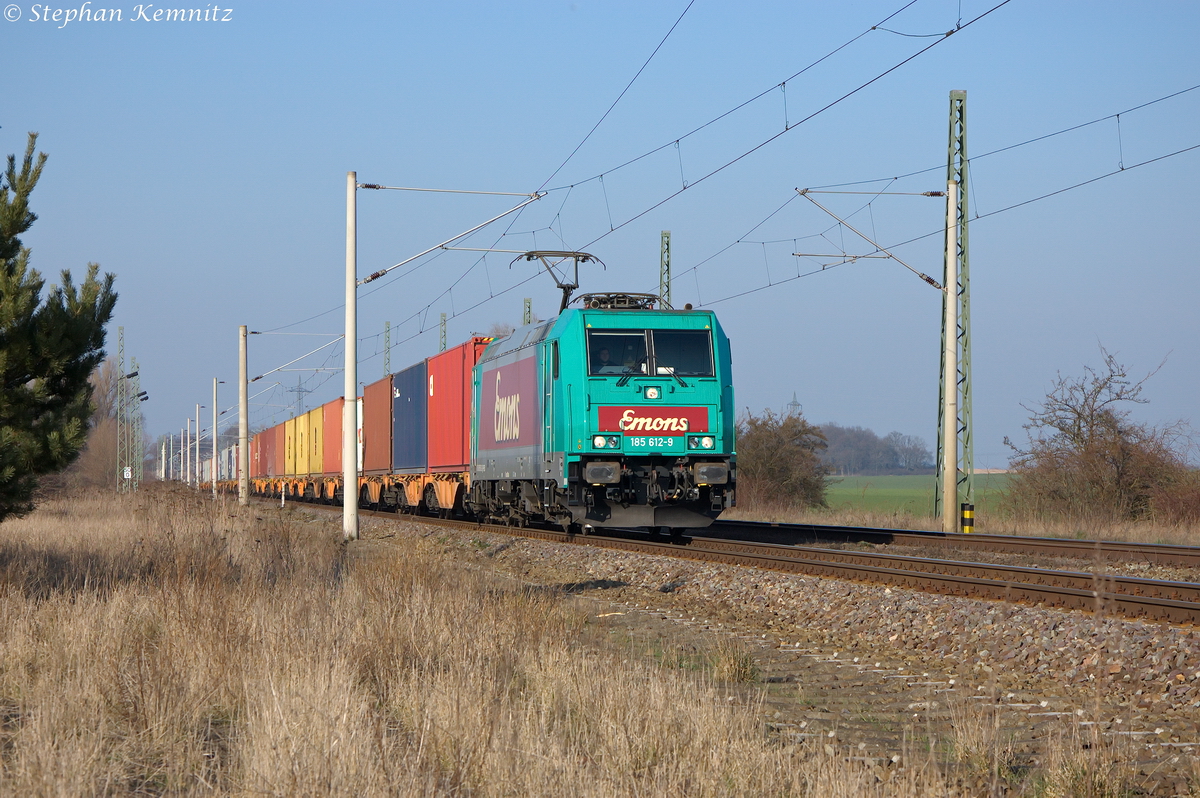 185 612-9 Emons Bahntransporte GmbH mit einem Containerzug in Demker und fuhr in Richtung Magdeburg weiter. 13.03.2014 