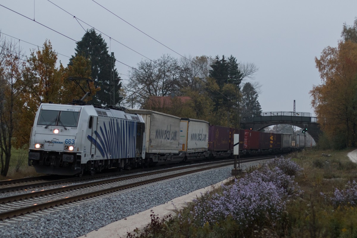 185 663-2 am 30. Oktober 2015 mit dem  EKOL -Zug aus Salzburg kommend bei bersee am Chiemsee.